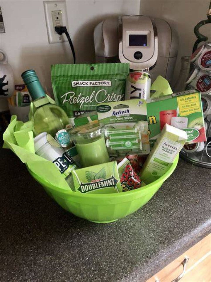 Green basket Themed gift baskets, Green gifts, Christmas gift baskets