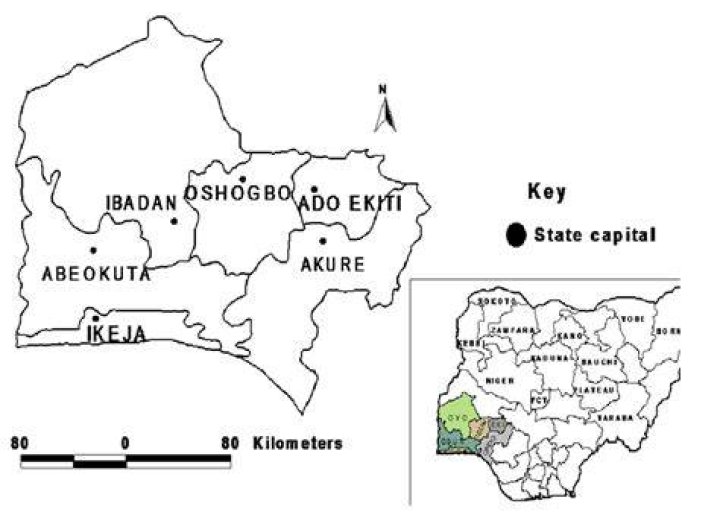 Map of Southwest Nigeria showing capital cities.(inset map of Nigeria