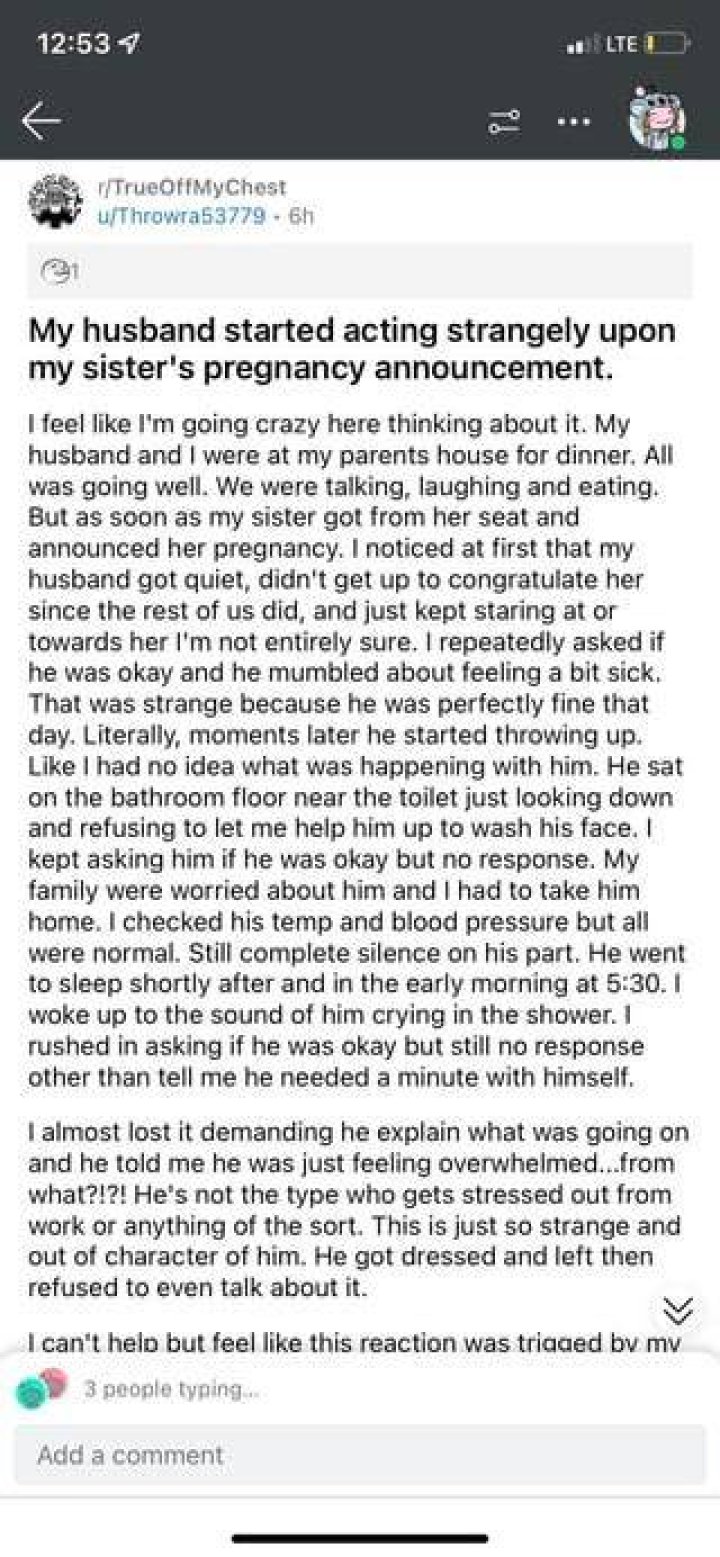 My husband started acting strangely upon my sisters pregnancy